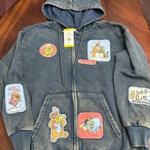 NWT Disney Winnie the Pooh Blue Winter Patches Hoodie Zip Sweatshirt Jacket